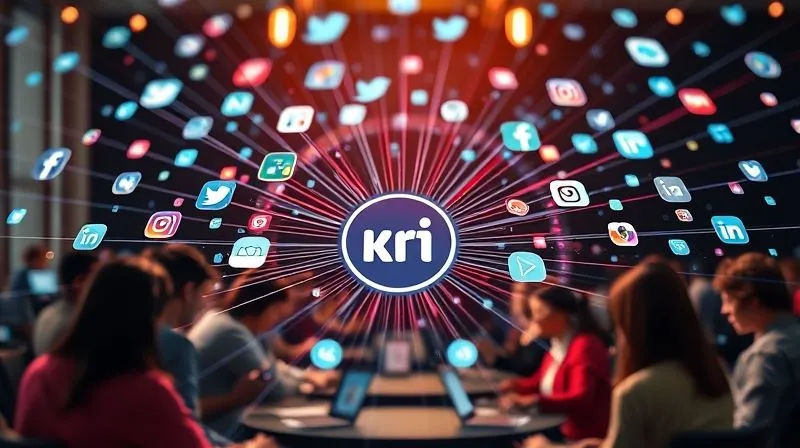 A photorealistic image of a vibrant, interconnected network of social media icons (Facebook, Twitter, Instagram, LinkedIn) radiating outwards from a central online radio station logo, with data streams flowing towards a diverse group of engaged people using various devices. Cinematic lighting, sharp focus on the network, depth of field blurring the background. 8K hyper-detailed, professional photography, shot on a high-end DSLR.