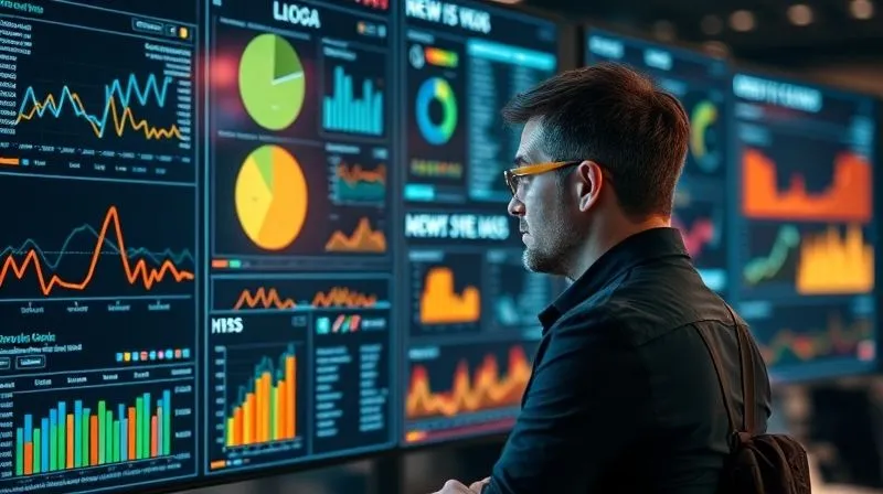 A photorealistic image of a journalist or editor analyzing a complex dashboard filled with glowing data visualizations, charts, and graphs representing website traffic, keywords, and user engagement. Cinematic lighting, sharp focus on the dashboard details and the thoughtful expression of the person, depth of field blurring the background into a modern newsroom. 8K hyper-detailed, professional photography, shot on a high-end DSLR.