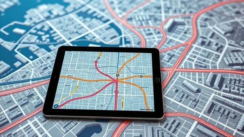 A photorealistic image of a detailed map of a city showing optimized delivery routes with different colored lines, indicating traffic flow and delivery points. A tablet with a route optimization software interface is displayed prominently in the foreground. Professional photography, 8K, cinematic lighting, sharp focus, depth of field.
