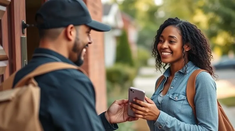 A photorealistic, professional photography, 8K image of a delivery driver smiling while interacting with a customer at a doorstep, a modern delivery app visible on their smartphone. Cinematic lighting, sharp focus on the interaction, depth of field blurring the background of a pleasant residential street, conveying professionalism and positive customer experience.