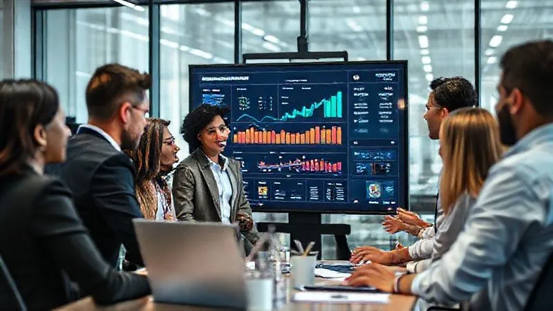 A photorealistic image of a diverse team of e-commerce professionals in a modern office, collaborating around a large screen displaying inventory data and sales forecasts. They are actively discussing strategies, with a sense of focus and teamwork. Cinematic lighting, sharp focus, depth of field, 8K hyper-detailed, shot on a high-end DSLR.