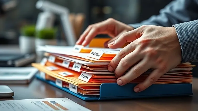 A photorealistic close-up of a person's hands meticulously organizing color-coded folders and digital files on a modern desk, symbolizing niche specialization and foundational knowledge. The folders are clearly labeled with specific industry names. Cinematic lighting, sharp focus on the hands and files, depth of field blurring a tech office background. Professional photography, 8K, shot on a high-end DSLR.