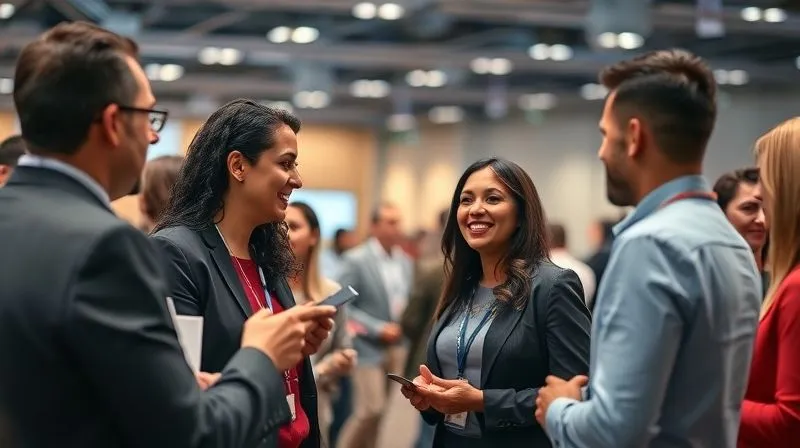 A photorealistic image of a diverse group of professionals networking at a modern business event, exchanging business cards and engaging in lively conversation. The atmosphere is energetic and collaborative. Cinematic lighting, sharp focus on the interactions, depth of field blurring the background of a conference hall. Professional photography, 8K, shot on a high-end DSLR.