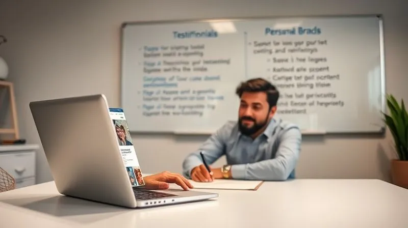 A photorealistic image of a professional at a desk, looking confidently at a laptop screen displaying a personal brand website with testimonials and case studies. Behind them, a whiteboard shows a strategy for content creation and networking. Cinematic lighting, sharp focus on the professional and laptop, depth of field blurring the background. Professional photography, 8K, shot on a high-end DSLR.
