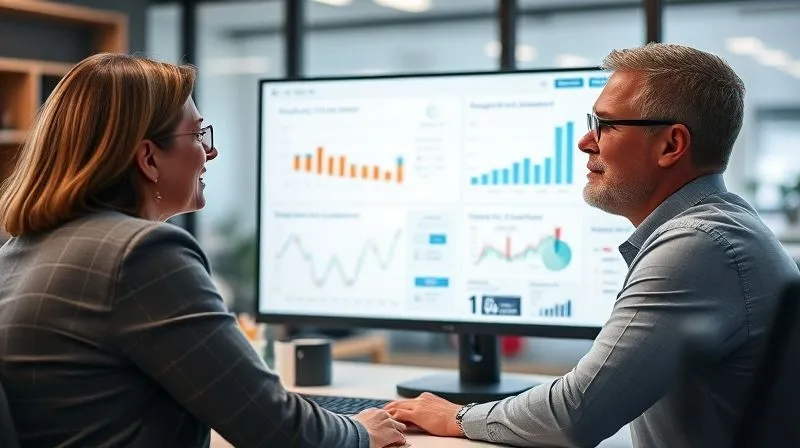 A photorealistic image of a professional calmly explaining complex data on a monitor to a client, using clear visuals and charts. The professional demonstrates empathy and expertise, addressing concerns with confidence. Cinematic lighting, sharp focus on their interaction, depth of field blurring the office background. Professional photography, 8K, shot on a high-end DSLR.