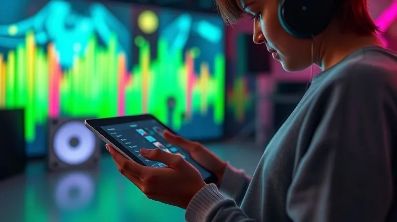 A photorealistic image of a person meticulously curating a digital music playlist on a sleek tablet, with a backdrop of colorful sound waves representing different moods and genres. Cinematic lighting, sharp focus on the tablet, depth of field blurring the background studio. 8K hyper-detailed, professional photography, shot on a high-end DSLR.