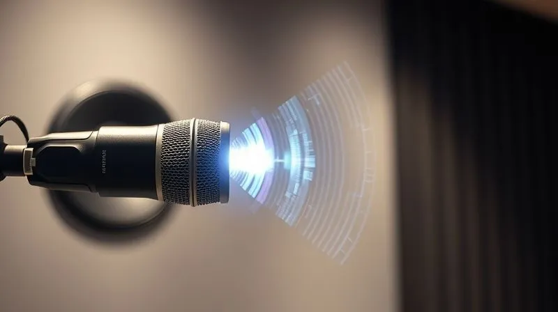 A photorealistic image of a professional studio microphone with glowing digital sound waves emanating from it, symbolizing human voice transforming into digital audio. The background is softly blurred, showing soundproofing panels. Cinematic lighting, sharp focus on the microphone, depth of field, 8K hyper-detailed, professional photography, shot on a high-end DSLR.