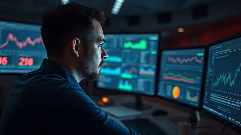 A photorealistic image of a person intently analyzing complex data visualizations on multiple computer screens in a dimly lit, modern control room. Graphs, charts, and streaming metrics are visible. Cinematic lighting, sharp focus on the person's face and screens, depth of field. 8K hyper-detailed, professional photography, shot on a high-end DSLR.