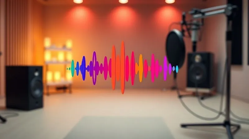 A photorealistic image of a stylized radio wave forming a subtle, elegant brand logo, with vibrant colors representing personality and emotion. The logo is subtly integrated into a modern, minimalist sound studio background. Cinematic lighting, sharp focus on the logo, depth of field. 8K hyper-detailed, professional photography, shot on a high-end DSLR.