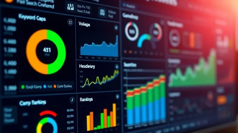 A photorealistic image of a digital dashboard displaying various SEO metrics like keyword gaps, search volume, and competitor rankings. The screen shows a vibrant, data-rich interface with graphs and charts, all in sharp focus, cinematic lighting, 8K hyper-detailed, professional photography, shot on a high-end DSLR.