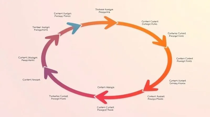 A photorealistic image of a continuous loop or cycle diagram, representing the process of content analysis, creation, and optimization. The arrows flow smoothly, suggesting a dynamic and ongoing process, with digital data points and insights integrated into the visual. Cinematic lighting, sharp focus, 8K hyper-detailed, professional photography, shot on a high-end DSLR.