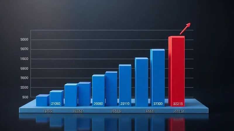 A photorealistic 3D bar chart showing a sharp increase in search volume for digital products related to 'online business strategies' and 'digital marketing skills' over the past five years, with clear axis labels and a professional, clean design. Cinematic lighting, sharp focus, 8K hyper-detailed.