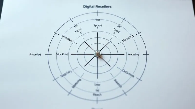 A photorealistic radar chart comparing several digital product resellers on axes like 'Price Point', 'Product Quality', 'Customer Support', 'Niche Specialization', and 'Marketing Reach', with clear labels and a professional, analytical aesthetic. Cinematic lighting, sharp focus, 8K hyper-detailed.