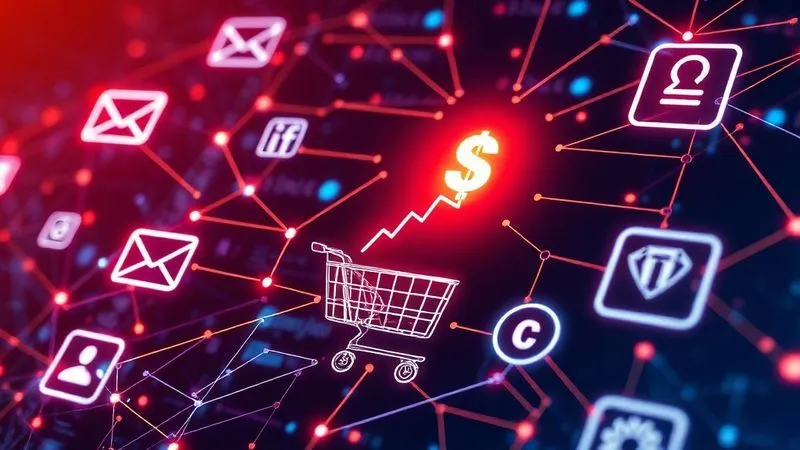 A photorealistic image depicting a complex network of glowing digital lines connecting various icons representing different software tools: a shopping cart, an email envelope, a social media logo, and a CRM dashboard, all converging towards a central icon of a rising money graph. Cinematic lighting, sharp focus, 8K hyper-detailed, symbolizing automation and scaling digital business.