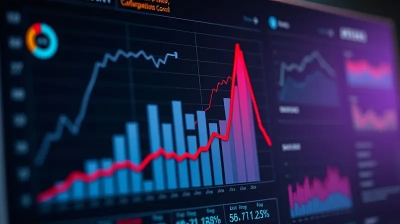 A photorealistic image of a data analytics dashboard displaying various charts and graphs related to sales funnel performance. One specific graph, a bar chart showing conversion rates per stage, has a dramatic drop highlighted in red, indicating a bottleneck. Cinematic lighting, sharp focus on the highlighted drop, depth of field blurring other less critical dashboard elements, 8K hyper-detailed, shot on a high-end DSLR.