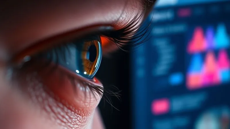 A photorealistic close-up of a human eye looking intently at a computer screen displaying a heatmap of a website. The heatmap shows areas of high user interaction (red) and low interaction (blue), with a specific red spot over a call-to-action button, indicating high engagement. Cinematic lighting, sharp focus on the eye and screen, depth of field blurring the background, 8K hyper-detailed, shot on a high-end DSLR.