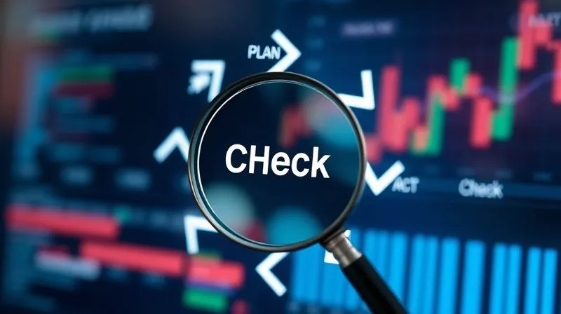 A photorealistic image of a continuous improvement loop diagram, with arrows flowing in a circle: Plan, Do, Check, Act. In the 'Check' phase, there's a magnifying glass over a data chart, symbolizing monitoring and analysis. The diagram is clean, modern, and set against a digital interface background. Cinematic lighting, sharp focus on the diagram, depth of field blurring the background, 8K hyper-detailed, shot on a high-end DSLR.