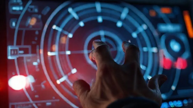 A photorealistic image of a digital radar screen, showing faint, glowing blips appearing at the edges, representing early signs of emerging product trends. The radar is sleek and futuristic, with a hand subtly adjusting controls. Cinematic lighting, sharp focus on the screen, depth of field blurring the background. 8K hyper-detailed, professional photography, shot on a high-end DSLR.