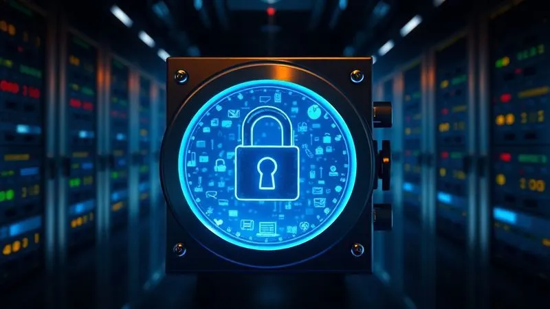A photorealistic image of a digital vault, glowing with a secure blue light, filled with miniature website icons and data packets. A strong, padlock symbol is prominently displayed on the vault door. Cinematic lighting, sharp focus on the vault, depth of field blurring a background of complex server racks. 8K hyper-detailed, professional photography.