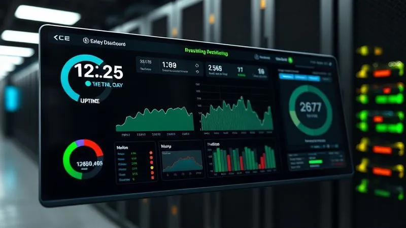 A photorealistic image of a digital dashboard displaying various website performance metrics: uptime percentage, error logs, traffic spikes, and a green "all clear" status. The dashboard is sleek, futuristic, and glows with soft light. Cinematic lighting, sharp focus on the dashboard, depth of field blurring a background of a server room. 8K hyper-detailed, professional photography.