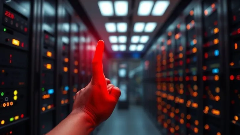 A photorealistic image of a digital "emergency button" glowing red, with a calm, steady hand reaching out to press it. The background is a blurry, complex network of server racks and flashing lights, representing a digital crisis. Cinematic lighting, sharp focus on the hand and button, depth of field. 8K hyper-detailed, professional photography.