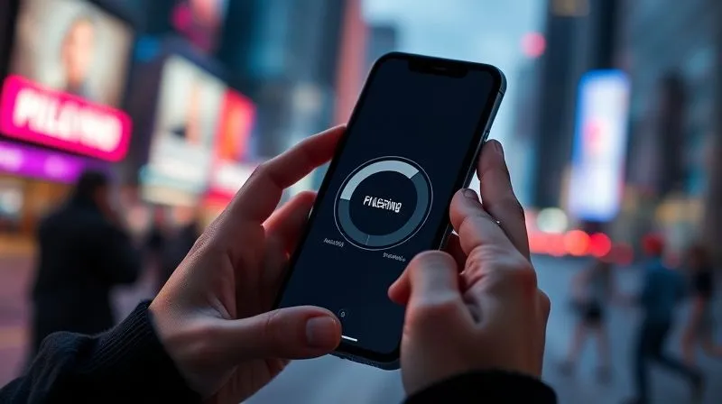 A photorealistic image of a person holding a smartphone, looking frustrated as a buffering wheel spins endlessly on the screen, reflecting a slow radio web streaming experience. The background is a vibrant, modern city, but it's blurred, emphasizing the user's immediate frustration. Cinematic lighting, sharp focus on the phone and hands, depth of field. 8K hyper-detailed, professional photography, shot on a high-end DSLR.