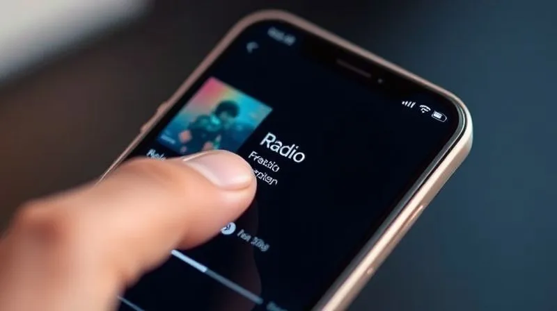 A photorealistic close-up of a sleek, modern smartphone displaying a radio web interface that is loading instantly and smoothly. The screen shows a play button and album art, with a subtle, fast-moving loading animation that quickly disappears. The user's thumb is poised to tap the play button, indicating readiness and satisfaction. Cinematic lighting, sharp focus on the phone screen, depth of field. 8K hyper-detailed, professional photography, shot on a high-end DSLR.