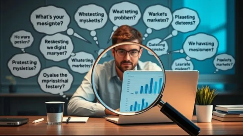 A photorealistic image of a person sitting at a desk, surrounded by thought bubbles containing questions and problems related to digital marketing, with a magnifying glass over a laptop screen showing market research data. Cinematic lighting, sharp focus, depth of field, 8K hyper-detailed.