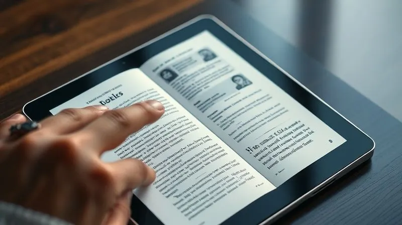 A photorealistic, professional photography, 8K, cinematic lighting, sharp focus, depth of field, shot on a high-end DSLR, of an open e-book on a tablet, displaying a beautifully designed page with clear typography, engaging graphics, and a well-structured layout. A hand is gently scrolling, indicating a positive user experience. No text or logos.