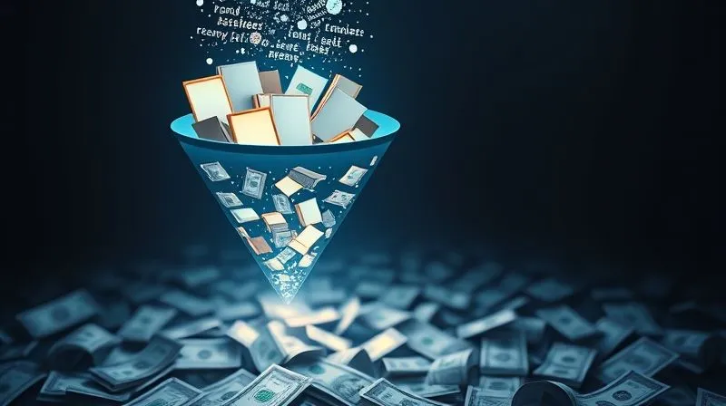 A photorealistic image of a digital sales funnel, with multiple glowing e-books entering the top and a steady stream of satisfied customers and recurring revenue flowing out the bottom. Cinematic lighting, sharp focus, depth of field, 8K hyper-detailed.