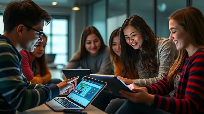 A photorealistic image of a diverse group of students actively engaged with a sleek, modern e-learning platform on various devices (laptop, tablet), showcasing seamless user experience and positive interaction. Cinematic lighting, sharp focus on the screens, 8K hyper-detailed.