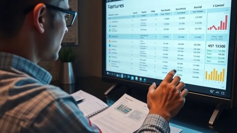 A photorealistic image of a person meticulously comparing features and pricing of different digital platforms on a large screen, with analytical graphs and notes around. Cinematic lighting, sharp focus on the comparison details, 8K hyper-detailed.