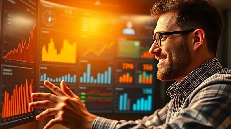 A photorealistic image of a successful infoprodutor looking confidently at a digital dashboard showing high profits and engaged students, with a golden glow around. Cinematic lighting, sharp focus on the positive metrics, 8K hyper-detailed.