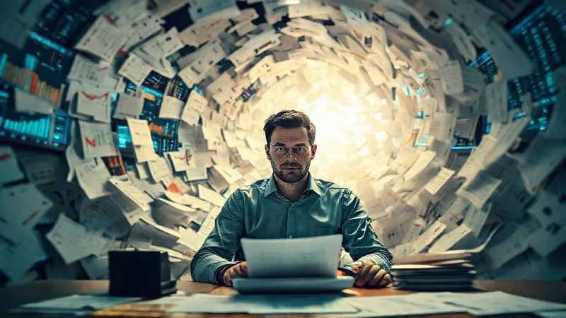 Photorealistic image of a person sitting at a desk, surrounded by a swirling, chaotic vortex of paper documents and digital screens displaying complex charts and numbers, representing the overwhelming complexity of tax regulations. The person looks slightly overwhelmed but determined, with a single ray of light breaking through the chaos. Cinematic lighting, sharp focus on the person, depth of field blurring the background. 8K hyper-detailed.