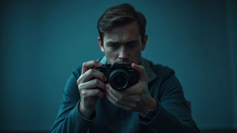 A photorealistic image of a person sitting alone in a dimly lit room, holding a camera, looking at it with a mix of apprehension and anxiety. The person's face shows subtle signs of stress, hands slightly trembling. The background is blurred, focusing on the emotional struggle. Cinematic lighting, sharp focus, depth of field, 8K hyper-detailed, professional photography, shot on a high-end DSLR.