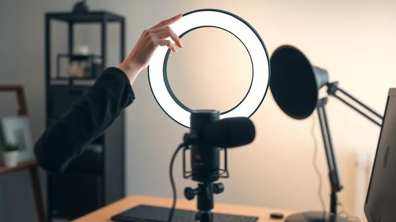 A photorealistic image of a minimalist, well-organized home office setup for video recording. A person's hands are visible adjusting a professional ring light in front of a clean, light-colored wall. A high-quality microphone is positioned on the desk. The scene is bathed in soft, even cinematic lighting, conveying a sense of calm and readiness. Sharp focus on the equipment, depth of field, 8K hyper-detailed, professional photography, shot on a high-end DSLR.