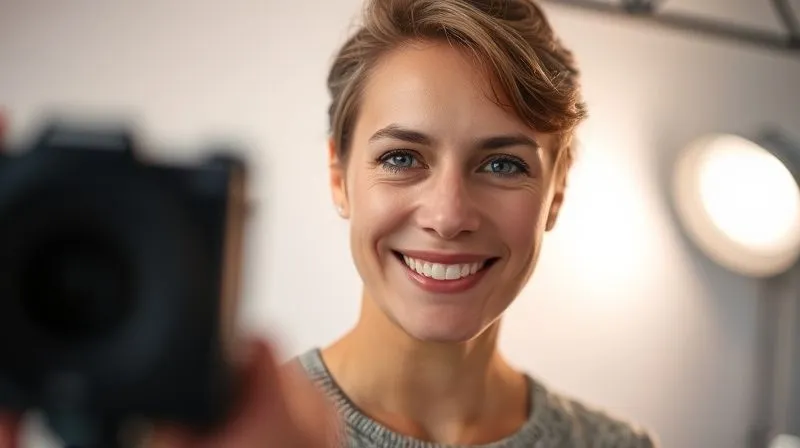 A photorealistic image of a person, calm and focused, looking directly into the camera lens with a warm, inviting smile. The camera is slightly blurred in the foreground, emphasizing the human connection. The background is a soft, professional studio setting. Cinematic lighting highlights the person's face, creating a welcoming atmosphere. Sharp focus on the eyes, depth of field, 8K hyper-detailed, professional photography, shot on a high-end DSLR.