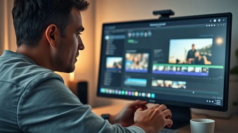 A photorealistic image of a person sitting in front of a computer screen, focused on video editing software. The screen displays a timeline with video clips and audio tracks. The person has a calm, concentrated expression, and there's a cup of coffee nearby. The lighting is soft and ambient, creating a productive atmosphere. Sharp focus on the screen and hands, depth of field, 8K hyper-detailed, professional photography, shot on a high-end DSLR.