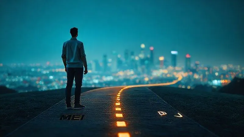 A photorealistic image showing a single person on a digital path, at a crossroads. One path is narrow, well-lit and simple, labeled 'MEI'. The other path is wider, slightly more complex with digital data flowing, labeled 'PJ', leading to a distant, vibrant city skyline. Cinematic lighting, sharp focus on the person contemplating the choice, depth of field blurring the background. 8K hyper-detailed, professional photography, shot on a high-end DSLR.