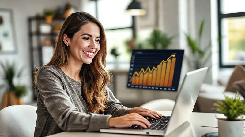 A photorealistic image of a woman, 'Ana', smiling confidently while looking at a laptop screen displaying a significant positive sales growth chart. In the background, a modern, organized home office environment. Cinematic lighting, sharp focus on Ana and the screen, depth of field blurring the background. 8K hyper-detailed, professional photography, shot on a high-end DSLR.
