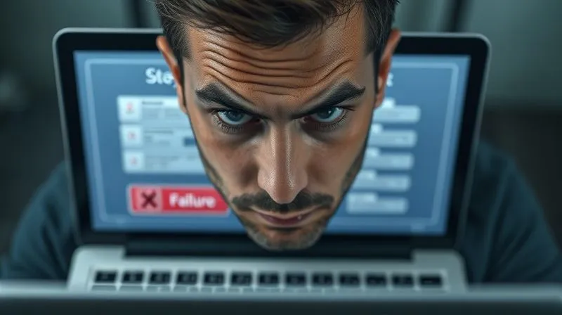 A photorealistic, high-angle shot of a person looking confused and frustrated in front of a blurred laptop screen displaying a complex digital sales funnel, with a single, clear red 'X' marking a point of failure. The scene uses cinematic lighting, sharp focus on the person's face, depth of field blurring the background. Shot on a high-end DSLR, 8K hyper-detailed, conveying the emotional struggle of a struggling infopreneur.