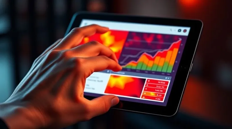 A photorealistic close-up of a person's hand interacting with a tablet displaying a heatmap analysis, with red and yellow hotspots indicating user engagement on a website layout. In the background, a blurred chart shows an upward trend. Cinematic lighting, sharp focus on the tablet and hand, depth of field. Shot on a high-end DSLR, 8K hyper-detailed, suggesting data-driven decision making.