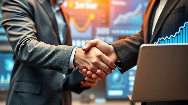 A photorealistic handshake between two professional individuals, one representing a digital course creator and the other a marketing affiliate, with a blurred background showing digital charts and a laptop. The lighting is warm and professional, sharp focus on the handshake, depth of field. Shot on a high-end DSLR, 8K hyper-detailed, symbolizing partnership and growth in the digital education sector.