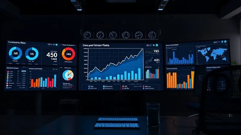 A photorealistic, detailed dashboard displaying various digital marketing KPIs (conversion rates, CPA, LTV, cart abandonment) on multiple screens. The central screen shows a positive trend line. The setting is a modern, minimalist office with cinematic lighting, sharp focus on the data, depth of field. Shot on a high-end DSLR, 8K hyper-detailed, conveying insightful data analysis and strategic decision-making.