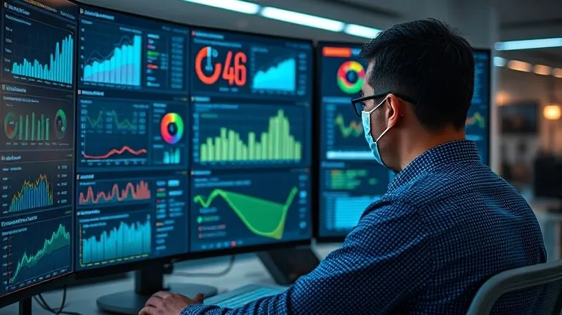 A photorealistic image of a financial data analyst studying a complex dashboard on multiple screens, displaying charts and graphs related to payment processing costs, conversion rates, and financial trends. Cinematic lighting, sharp focus on the data, depth of field blurring the office background, 8K hyper-detailed, professional photography.