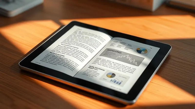 A photorealistic image of an open e-book on a tablet, displaying a clean, professional layout with clear headings, crisp text, and a relevant infographic. The tablet is on a minimalist desk with natural light, sharp focus on the screen, depth of field, 8K hyper-detailed, shot on a high-end DSLR.