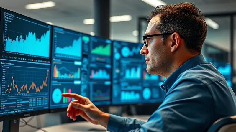 Photorealistic image of a person analyzing complex data on multiple screens, showing various charts and graphs related to conversion rates and user engagement. The setting is a modern, clean office, with cinematic lighting highlighting the focused expression, sharp focus on the data, depth of field, 8K hyper-detailed, shot on a high-end DSLR.