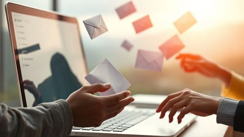 Photorealistic image of a series of open envelopes flying from a laptop screen into the hands of diverse people, symbolizing effective email marketing and relationship building. The background is a soft, blurred digital landscape, cinematic lighting, sharp focus on the envelopes and hands, depth of field, 8K hyper-detailed, shot on a high-end DSLR.