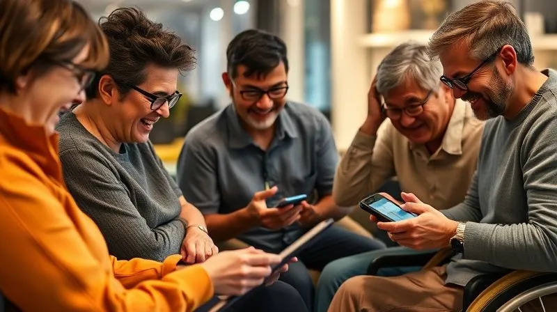 Photorealistic, professional photography of a diverse group of people (some with visual impairments using screen readers, others with motor disabilities using assistive devices) happily interacting with a perfectly designed, accessible, and responsive website on various devices (laptop, tablet, smartphone). The image conveys inclusivity and ease of use, with cinematic lighting, sharp focus on the interactions, and depth of field blurring a modern, tech-enabled background. 8K hyper-detailed, shot on a high-end DSLR.