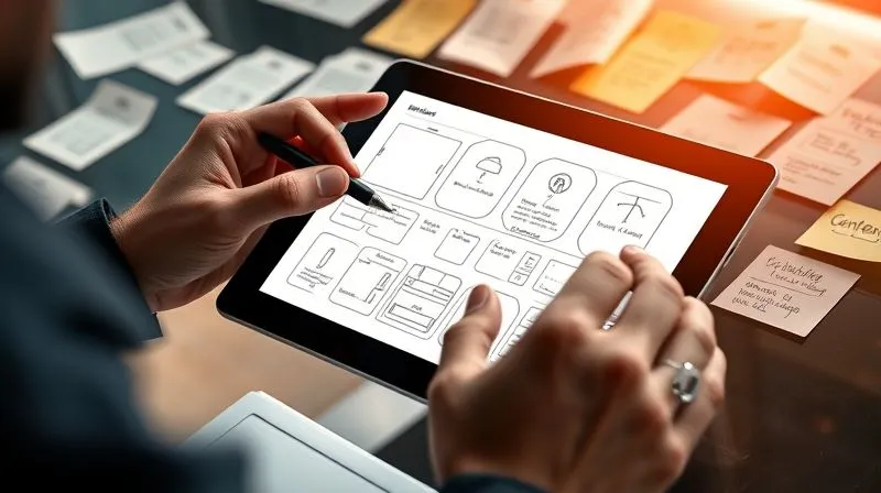 Photorealistic, professional photography of a designer's hands sketching wireframes for a responsive website on a tablet screen, surrounded by sticky notes with content ideas and user flow diagrams. The scene has cinematic lighting, sharp focus on the tablet and hands, with a depth of field blurring a modern, collaborative workspace. 8K hyper-detailed, shot on a high-end DSLR.